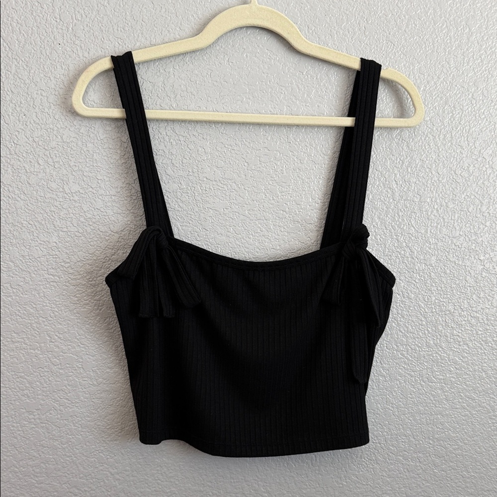 Anthropologie Black Ribbed Tie-Shoulder Crop Tank Size X-large